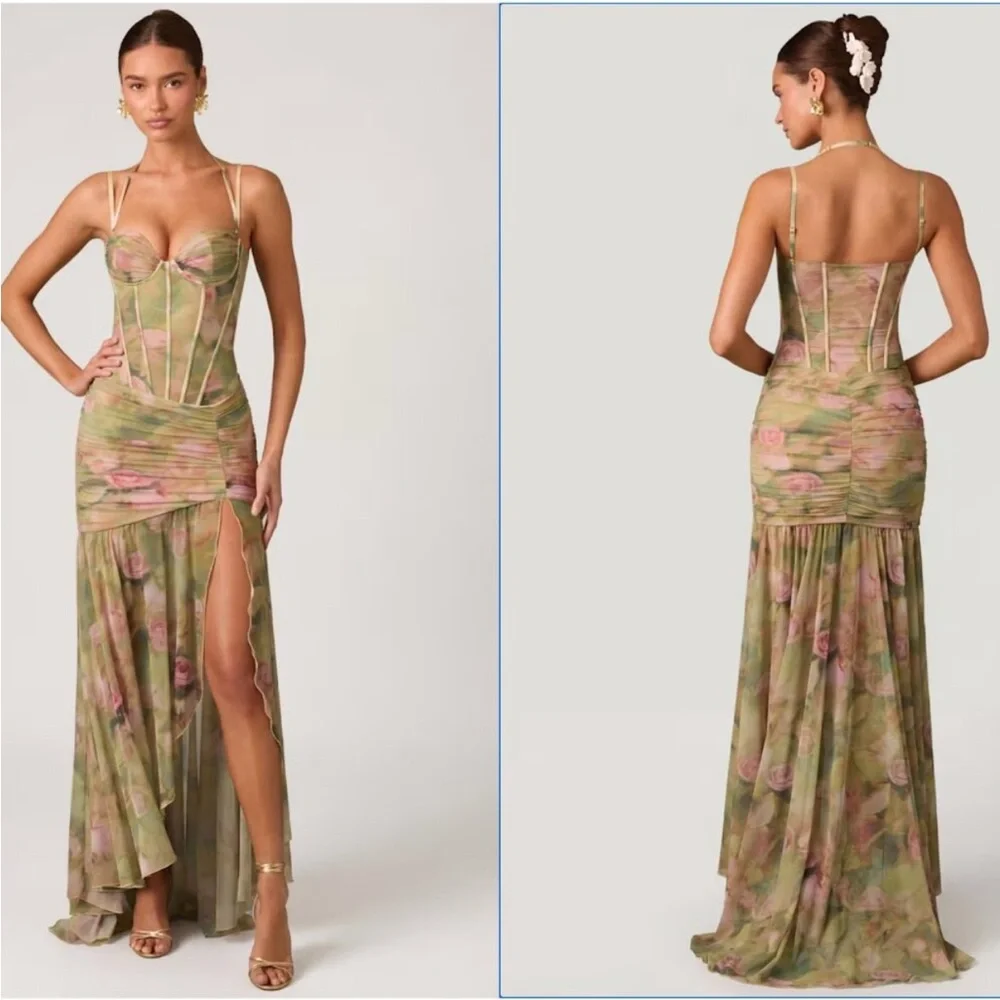 Oh Polly Haruna Ruched Asymmetric Corset Gown in Floral Multi Print - Picture 2 of 10